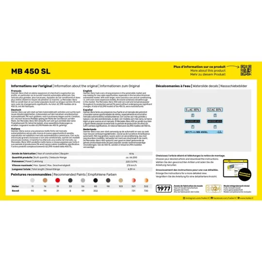 HEL-56171-Mercedes MB 450 SL 1/43 Heller + colle et peintures - HEL-56171