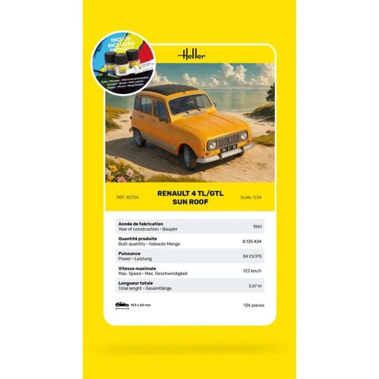 Renault 4 TL/GTL Sun Roof 1/24 Heller + colle et peintures Heller HEL-58704 - 5 HEL-58704-Renault 4 TL/GTL Sun Roof 1/24 Heller + colle et peintures - HEL-58704