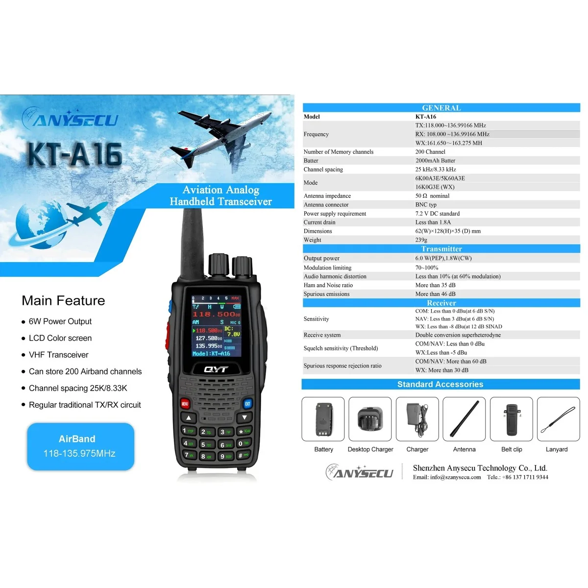 Radio VHF Aviation / ULM émission et réception 108-136 Mhz KT-A16 QYT  QYT-KT-A16 - 3