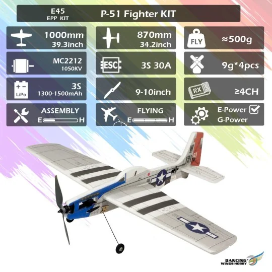 P-51 Mustang 3D Sport 1000mm E45 Kit seul DW Hobby DW Hobby - Dancing Wings Hobby E4501 - 6 E4501-P-51 Mustang 3D Sport 1000mm E45 Kit seul DW Hobby - E4501