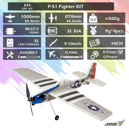E4501-P-51 Mustang 3D Sport 1000mm E45 Kit only DW Hobby - E4501