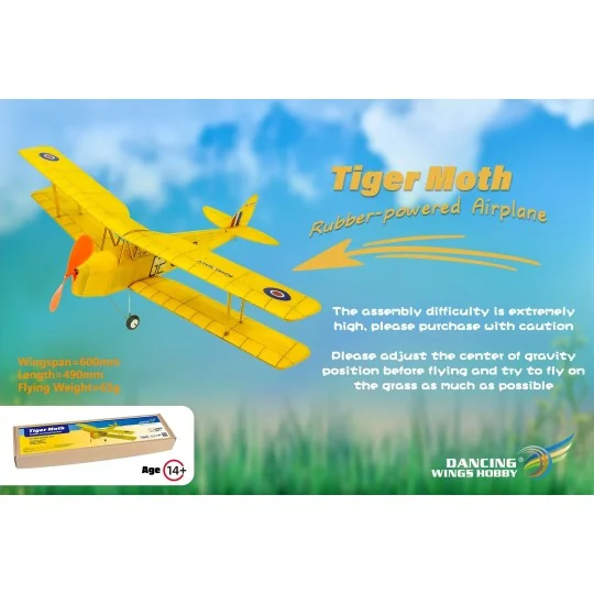 VA08-Tiger Moth 600mm moteur caoutchouc kit balsa vole libre DW Hobby