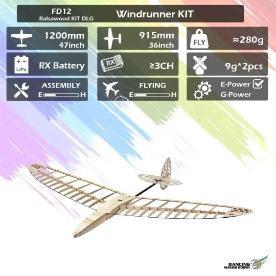 FD1200-DLG Windrunner 1.20m FD12 Glider Kit only balsa DW Hobby