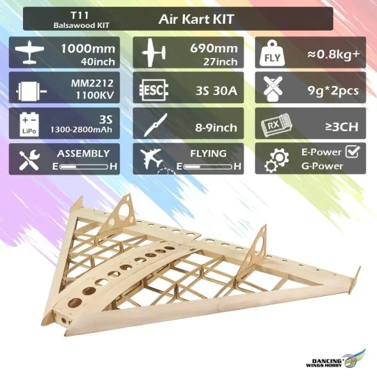 T1104-Aile volante delta Air Kart 1m T11 Kit PNP balsa DW Hobby