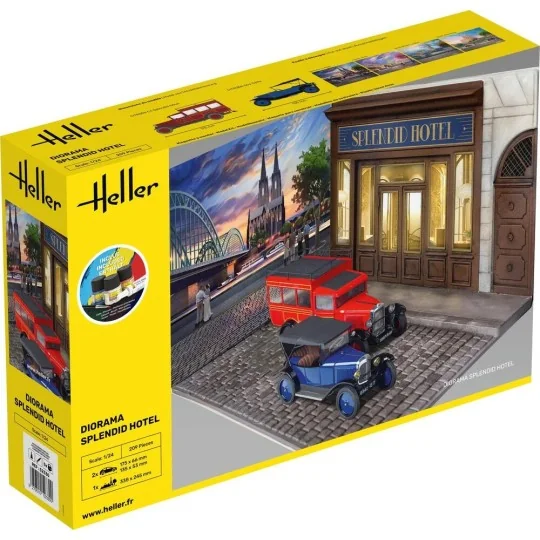 Kit diorama Splendid Hotel avec 2 voitures 1/24 Heller + colle et peintures Heller HEL-52330 - 1 HEL-52330-Kit diorama Splendid Hotel avec 2 voitures 1/24 Heller + colle et peintures - HEL-52330