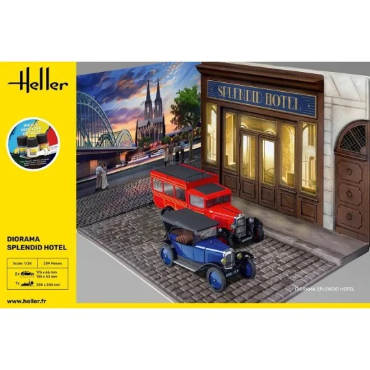 Kit diorama Splendid Hotel avec 2 voitures 1/24 Heller + colle et peintures Heller HEL-52330 - 2 HEL-52330-Kit diorama Splendid Hotel avec 2 voitures 1/24 Heller + colle et peintures - HEL-52330