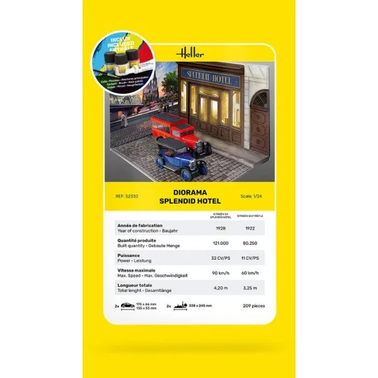 HEL-52330-Kit diorama Splendid Hotel avec 2 voitures 1/24 Heller + colle et peintures