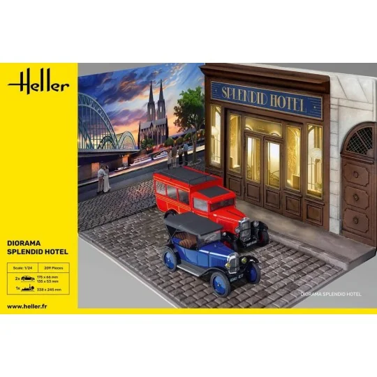 HEL-50330-Splendid Hotel Diorama Kit with 2 Cars 1/24 Heller