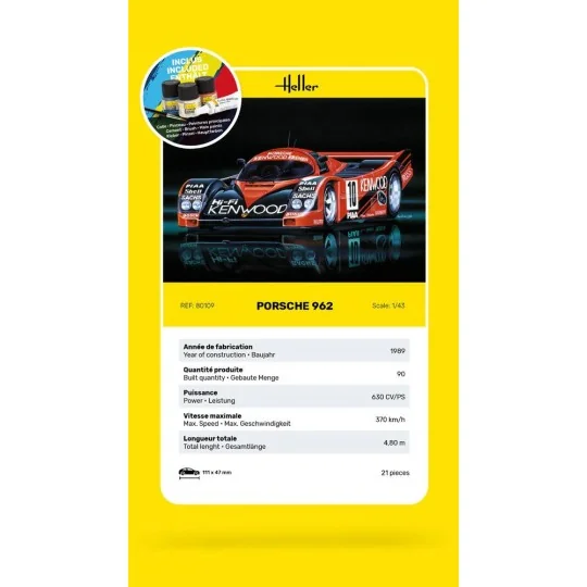 Porsche 962 1/43 Heller + colle et peintures Heller HEL-56109 - 4 HEL-56109-Porsche 962 1/43 Heller + colle et peintures - HEL-56109