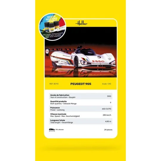 Peugeot 905 1/43 Heller + colle et peintures Heller HEL-56110 - 5 HEL-56110-Peugeot 905 1/43 Heller + colle et peintures - HEL-56110