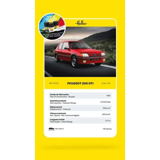 HEL-58705-Peugeot 205 GTI 1/24 Heller + colle et peintures