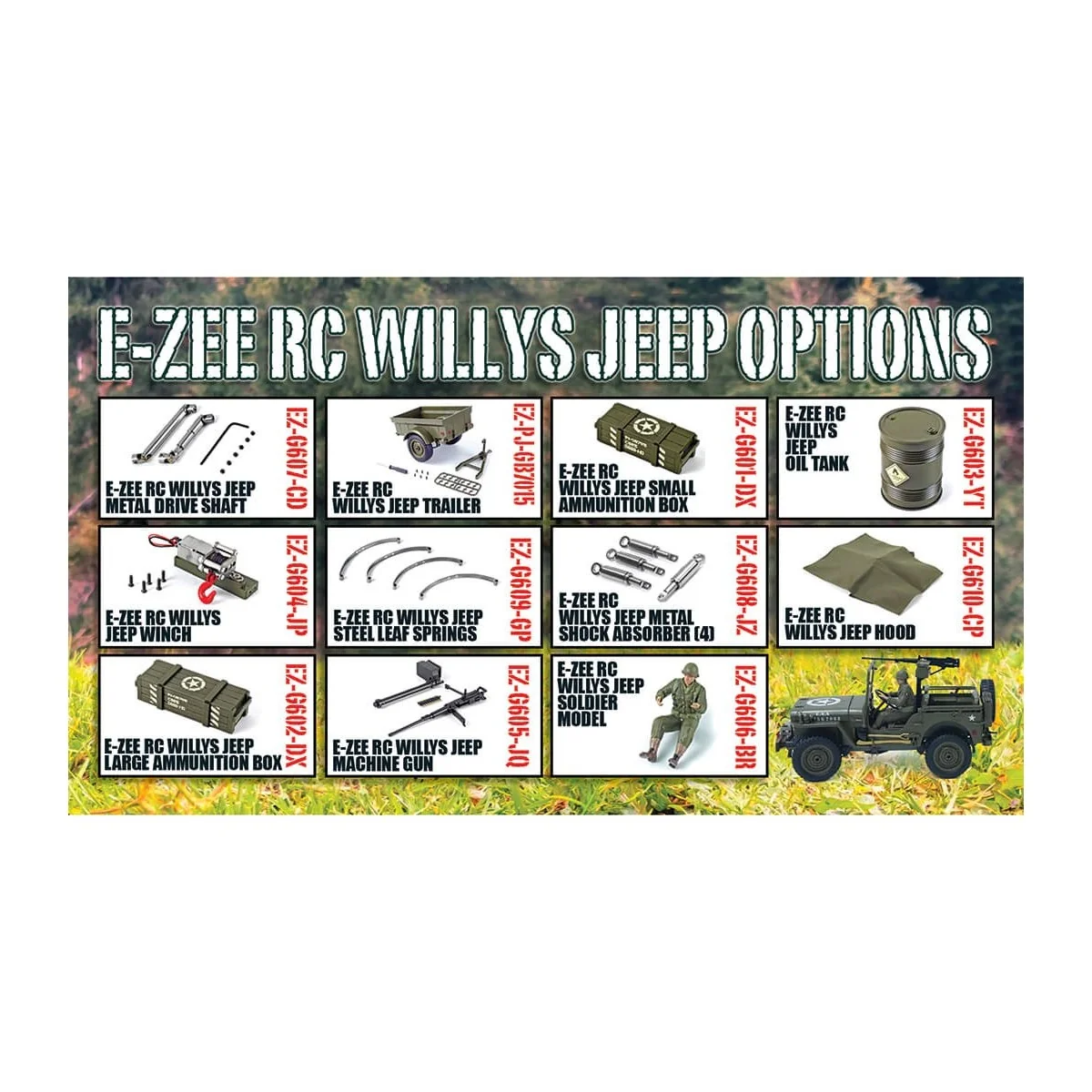 Jeep Willys militaire 4wd avec éclairage 1/10 RTR E-Zee RC - EZ-G2068