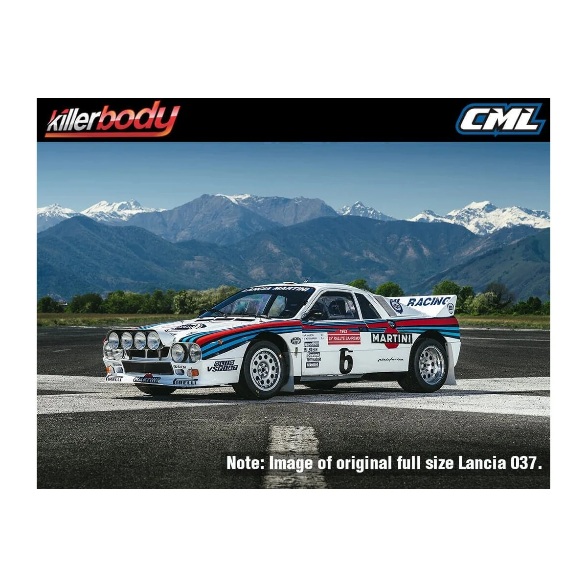 Killerbody painted bodyshell, Lancia 037 Rally, 190 mm, 1/10 scale, Ref. 488.