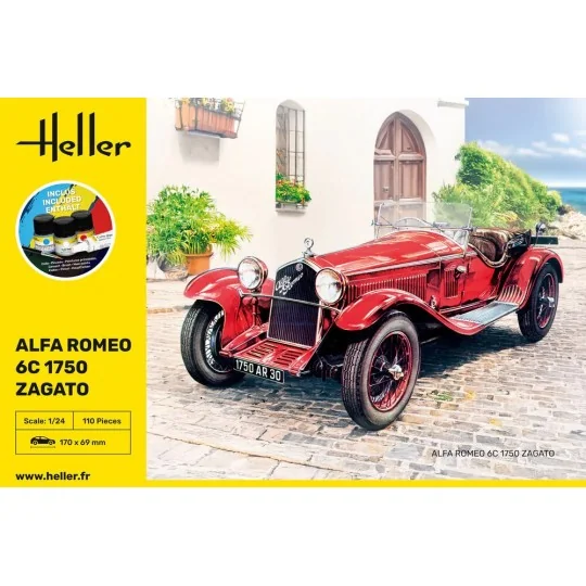Heller Alfa Romeo 6C 1750 Zagato 1/24 scale model car + glue and pa... HEL-56715-Heller Alfa Romeo 6C 1750 Zagato 1/24 scale model car + glue and paints - HEL-56715