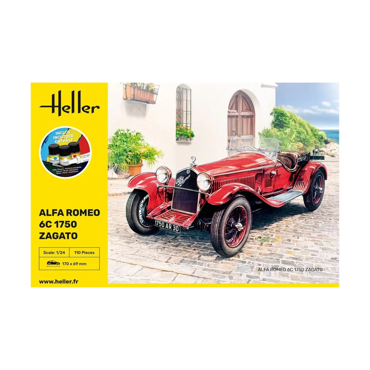 Heller Alfa Romeo 6C 1750 Zagato 1/24 scale model car + glue and pa... Heller Alfa Romeo 6C 1750 Zagato 1/24 scale model car + glue and pa...