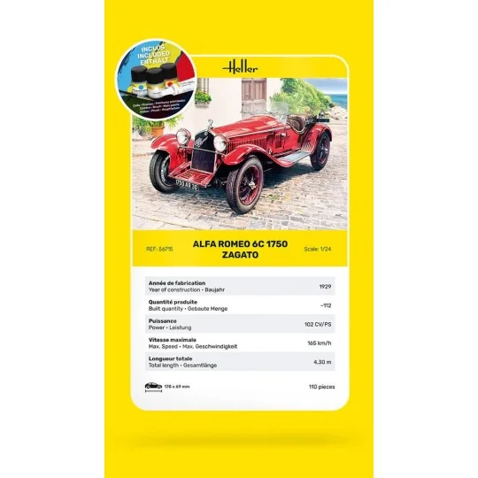 Heller Alfa Romeo 6C 1750 Zagato 1/24 scale model car + glue and pa... HEL-56715-Heller Alfa Romeo 6C 1750 Zagato 1/24 scale model car + glue and paints - HEL-56715