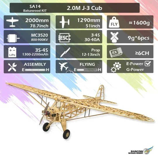 SA1401-Piper J3-Cub 2000mm SA14 Kit balsa DW Hobby - SA1401