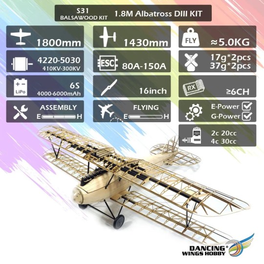 Albatros D.III 1.8m S31 Kit balsa DW Hobby - S3101 S3101-Albatros D.III 1.8m S31 Kit balsa DW Hobby - S3101