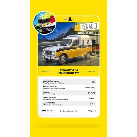 Maquette Starter Kit Renault 4 F4 Fourgonnette 1/24 + colle et pein... HEL-58700-Maquette Starter Kit Renault 4 F4 Fourgonnette 1/24 + colle et peintures - Heller 58700