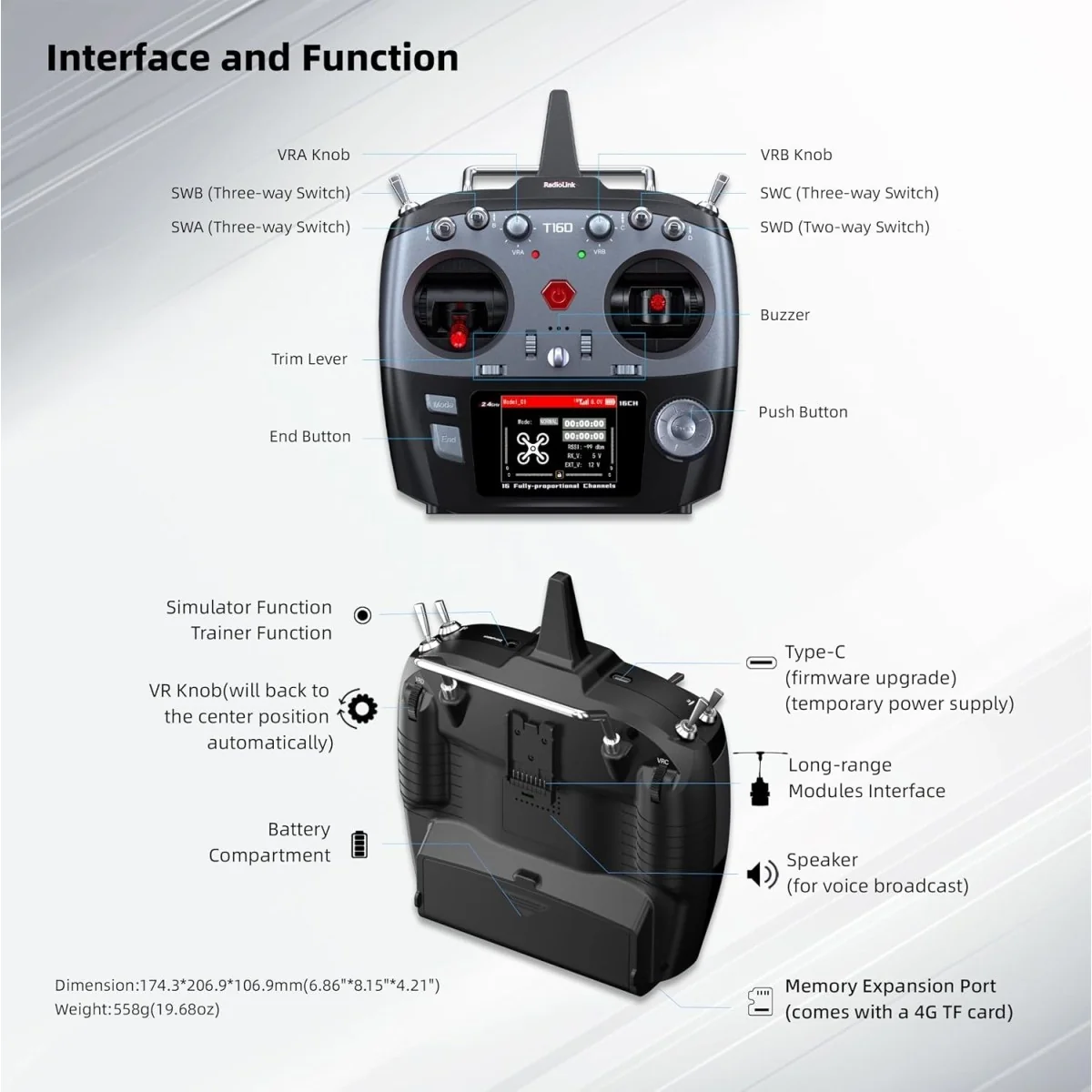 Radio Radiolink T16D 16 voies 2,4 GHz avec récepteur R16F - RDL-T16... Radio Radiolink T16D 16 voies 2,4 GHz avec récepteur R16F - RDL-T16...