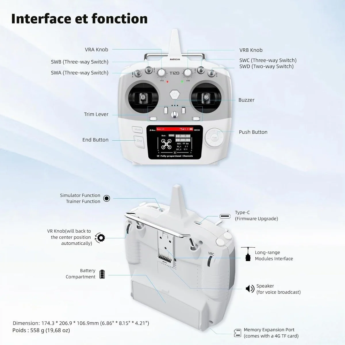Radio Radiolink T12D 12 voies 2,4 GHz avec récepteur R12F - RDL-T12... Radio Radiolink T12D 12 voies 2,4 GHz avec récepteur R12F - RDL-T12...
