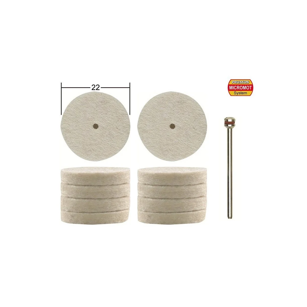 Felt polish disc, Ø 22 mm, 10 pieces +1 proxxon rod - PRX-28798 Felt polish disc, Ø 22 mm, 10 pieces +1 proxxon rod - PRX-28798