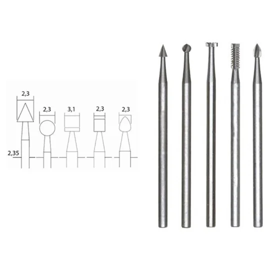 Wolfram-vanadium steel tip cutter, 5 Proxxon shapes - PRX-28710 PRX-28710-Proxxon wolfram-vanadium steel end mill, 5 shapes - PRX-28710