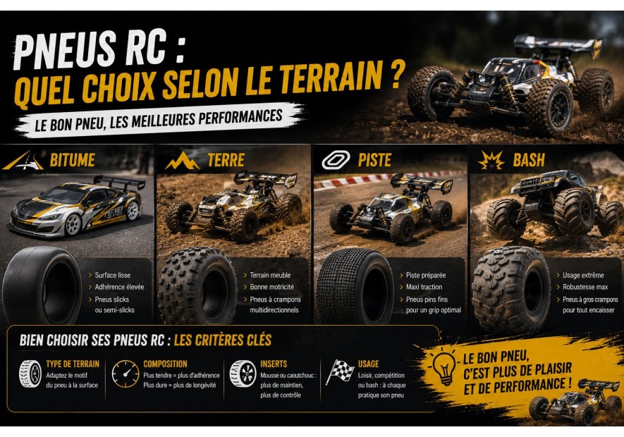 Pneus RC: quel choix selon le terrain (bitume, terre, piste, bash) ?