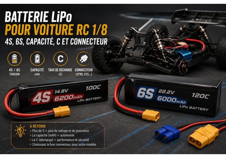 1/8 RC LiPo battery: 4S vs 6S, capacity, C rating and connector